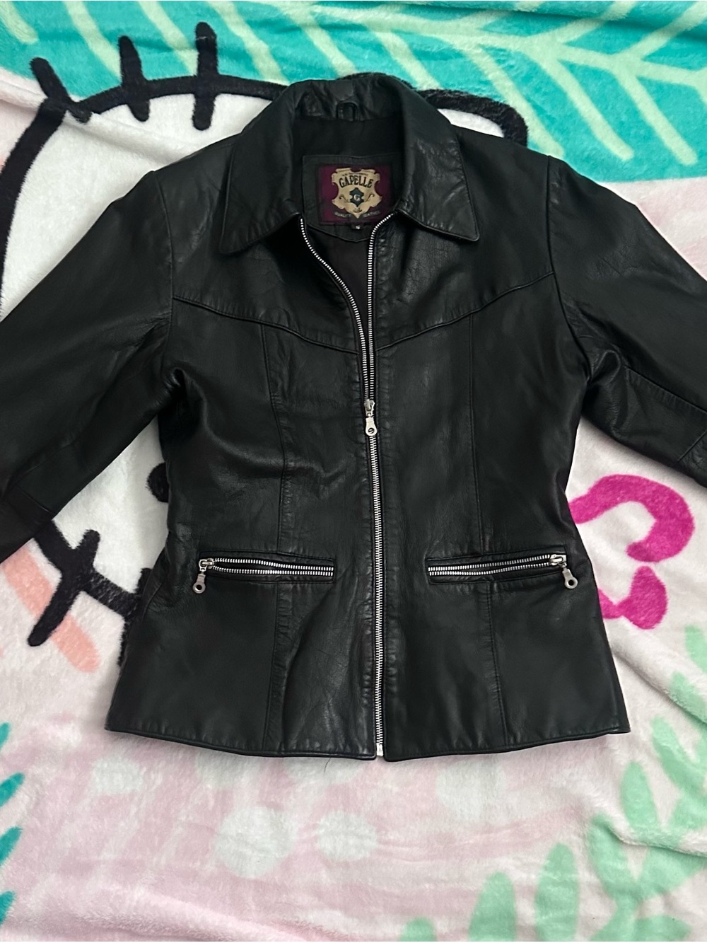 Authentic Gapelle Black Leather Zip-Front Jacket with Zip Pockets